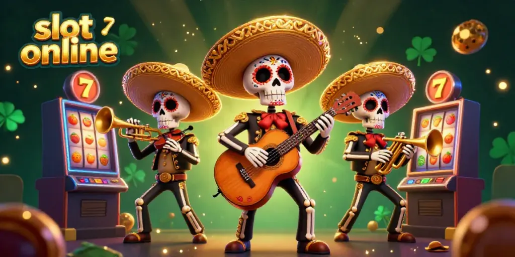 Experience vibrant slot online action with a colorful mariachi band and slot machines.