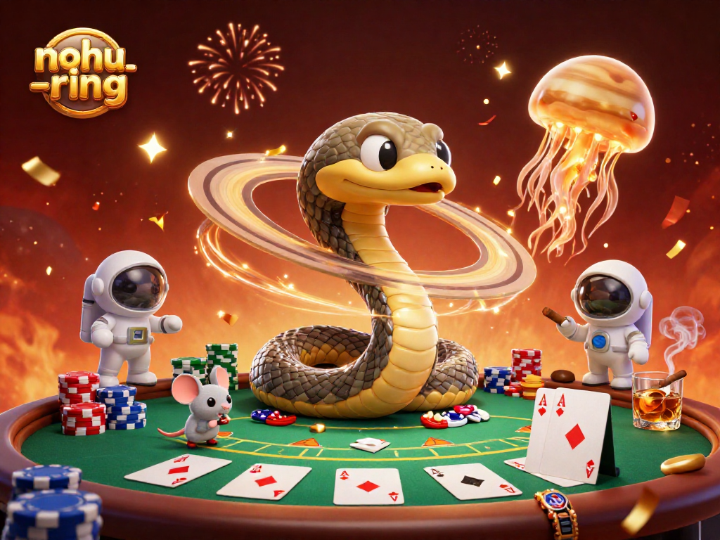 Engage with nohu-ring's thrilling cosmic jackpot adventure with animated characters and vibrant casino elements.