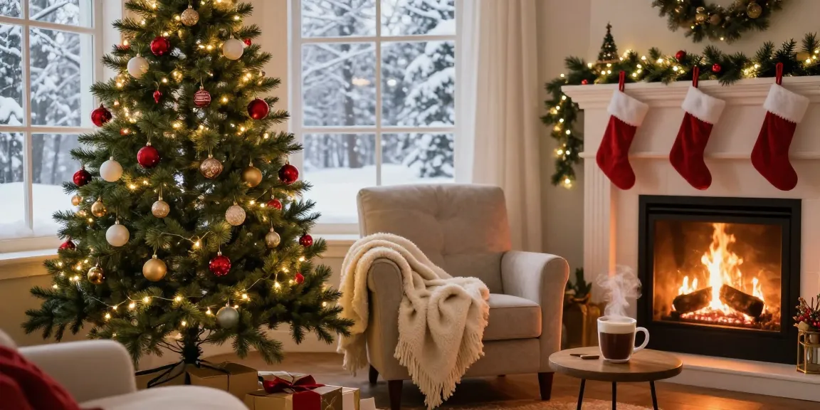 Beautifully decorated slim Christmas tree in a cozy living room with festive decorations.