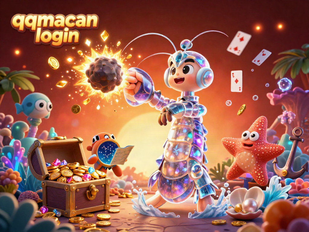 Experience the thrill of qqmacan login with a vibrant casino scene featuring energetic characters and treasures.