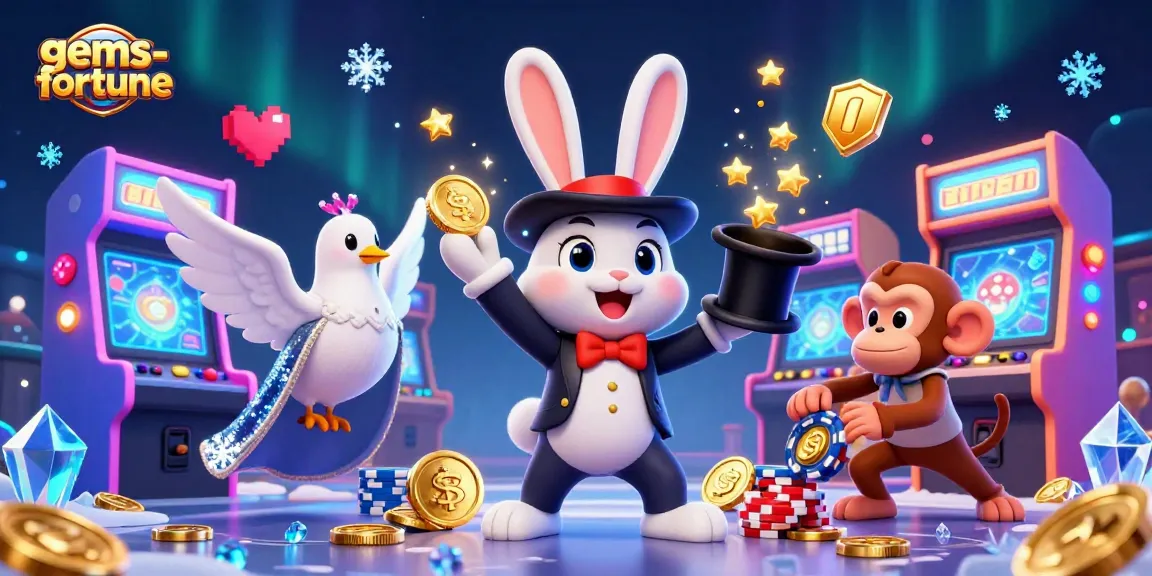 Experience the magic of gems-fortune with a whimsical casino scene featuring a magician rabbit, dazzling jewels, and vibrant gaming elements.