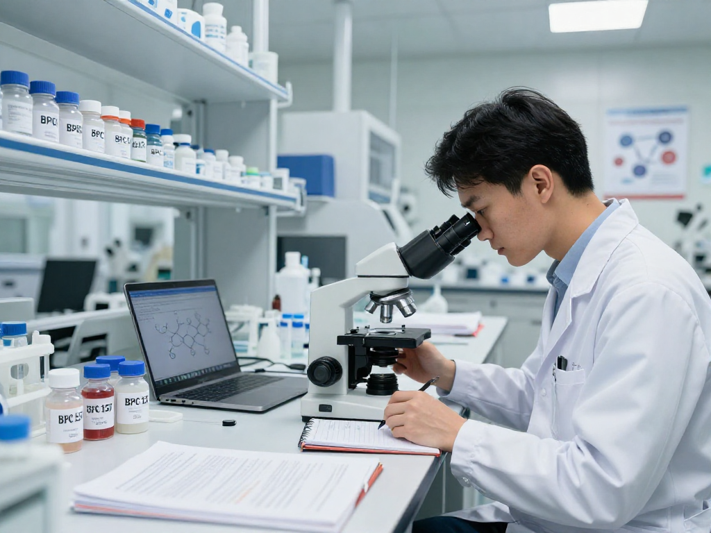 BPC 157 Side Effects analyzed in a research lab with peptide compounds and notes.