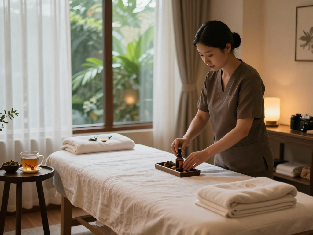 Relaxing massage therapy room at Balanced Massage, featuring mantra88 login for bookings.