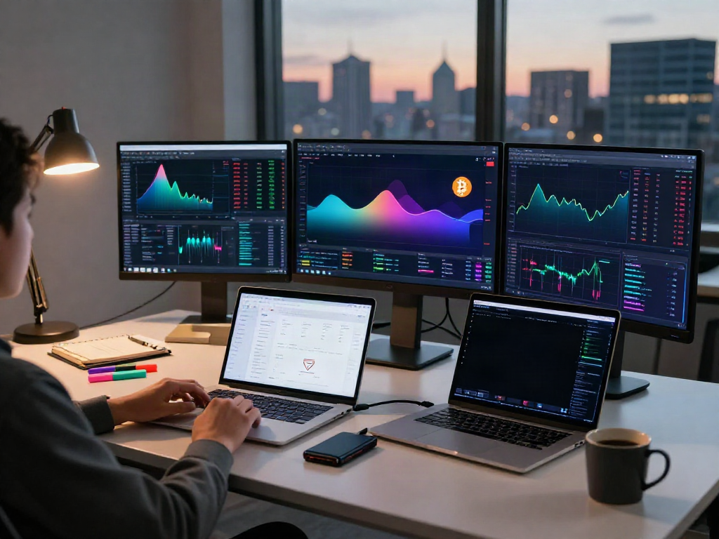 Real-time cryptocurrency trading setup showing 金融データプロバイダー 日本 with multiple screens, digital wallets, and trading tools.