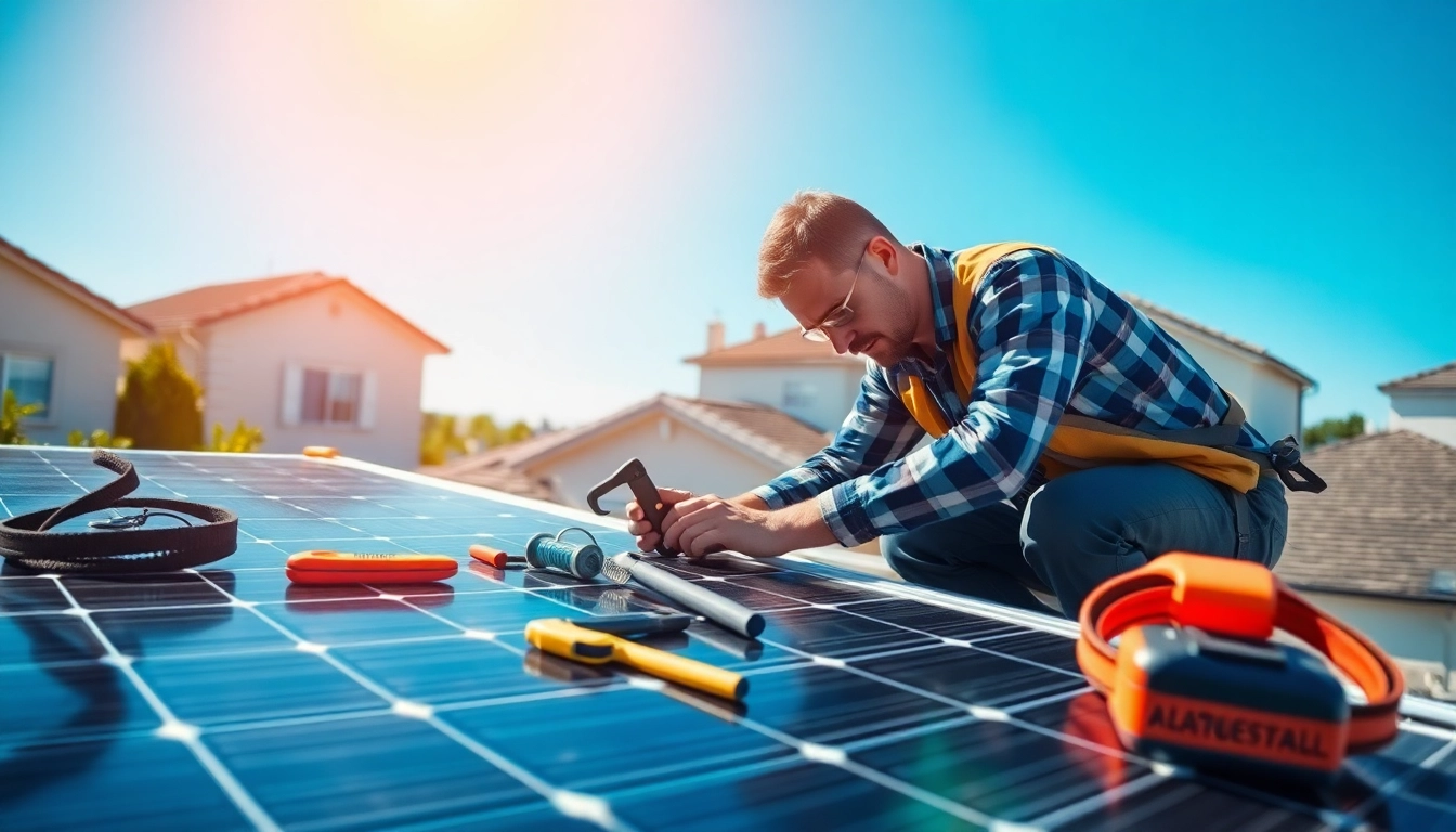 Technician engaged in solar panel repair on a rooftop, emphasizing skilled workmanship and reliability.