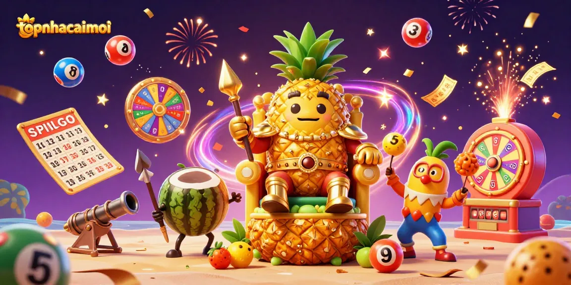 Celebrate winning at topnhacaimoi with a vibrant casino scene featuring a pineapple king and playful elements.