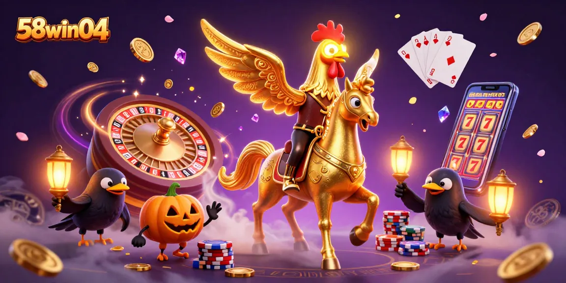 Experience the thrilling world of 58win04 with a golden rooster as the star in an exciting casino scene.