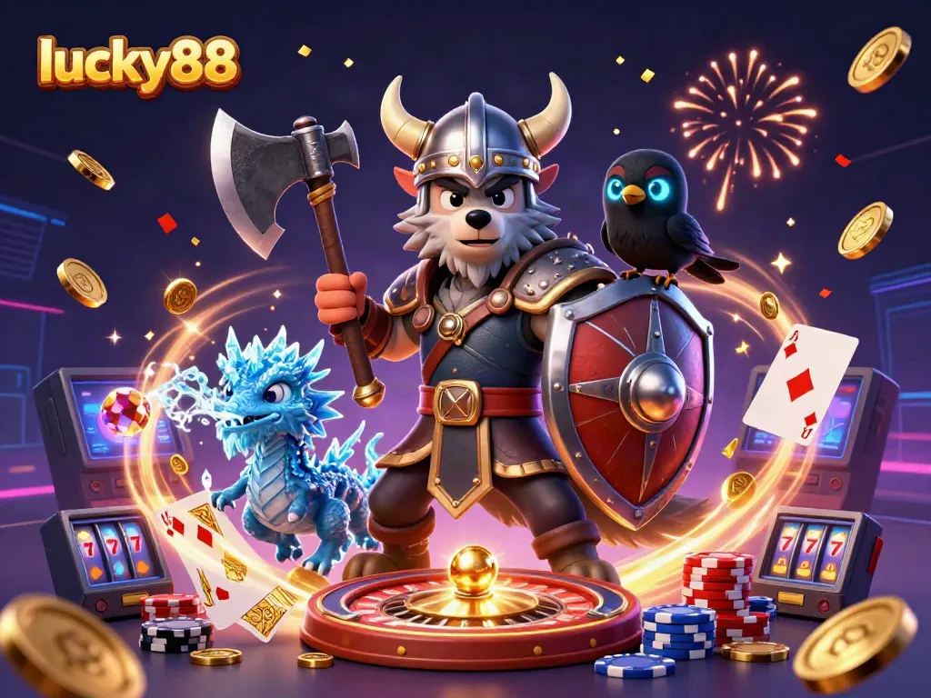 Experience thrilling wins at lucky88 amidst a vibrant casino scene with dynamic characters and exciting game elements.