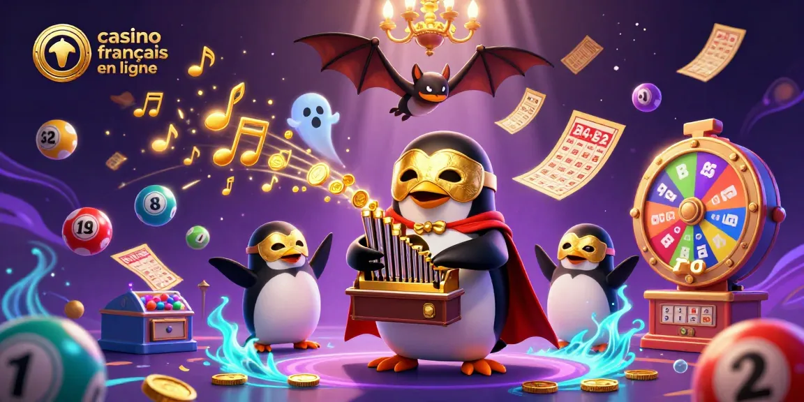 Découvrez l'univers du casino français en ligne avec un pingouin jouant d'un orgue, des pièces d'or et des éléments de loterie.