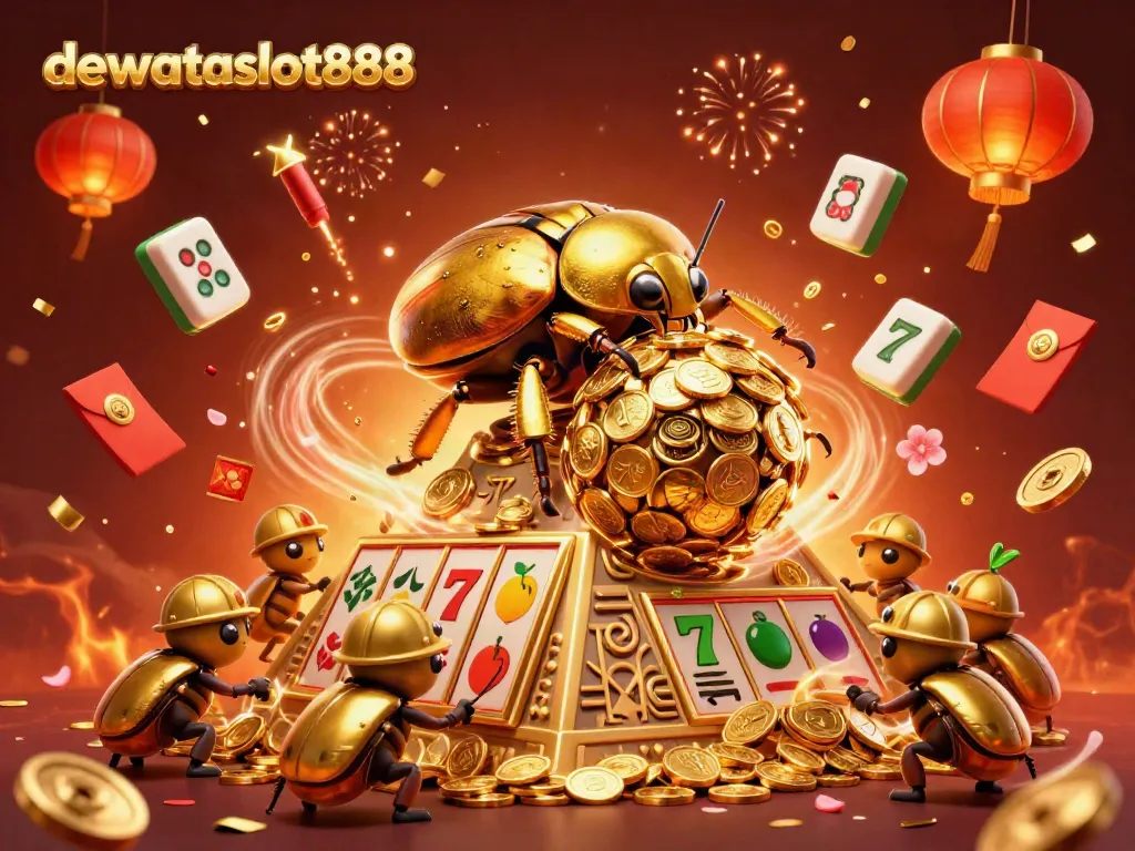 Permainan slot dan simbol keberuntungan berkeliling di sekitar dewataslot888 dalam suasana perayaan yang cerah dan penuh energi.