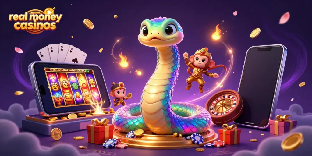 Experience excitement at real money casinos with a vibrant illustration of a magical casino scene.