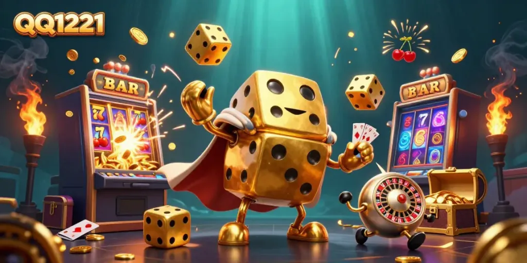 Engage with QQ1221's vibrant casino world, featuring golden dice golem, jackpots, and game elements.