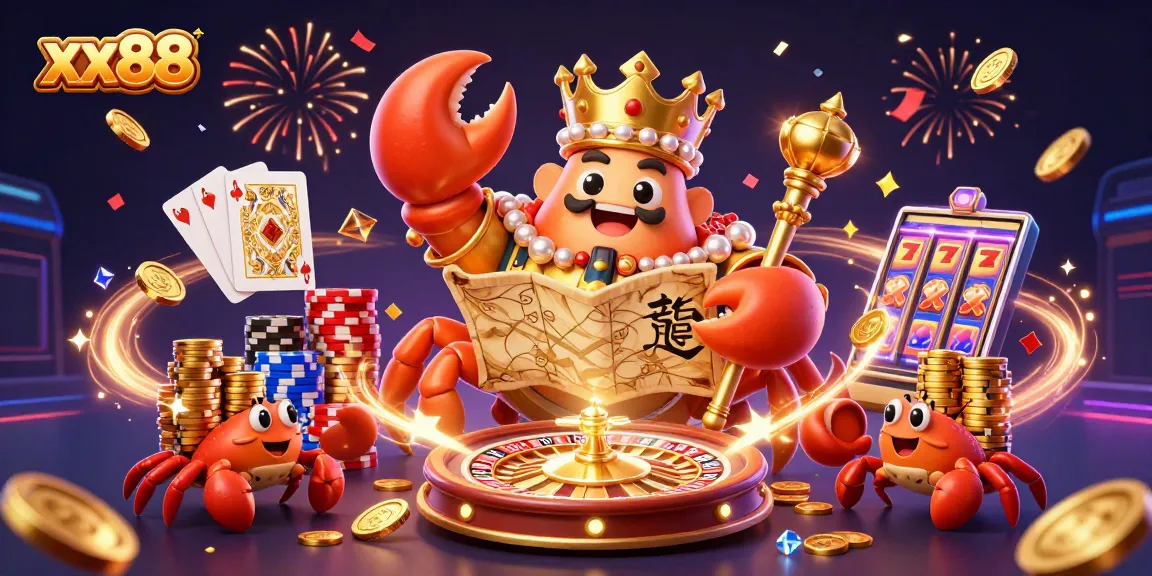 Experience the excitement at xx88 with a golden crab emperor amid vibrant casino elements.