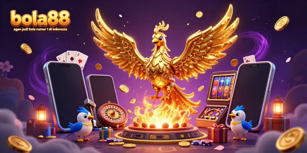 Bola88 agen judi bola nomor 1 di indonesia showcases a dynamic gaming scene with golden phoenix and casino elements.