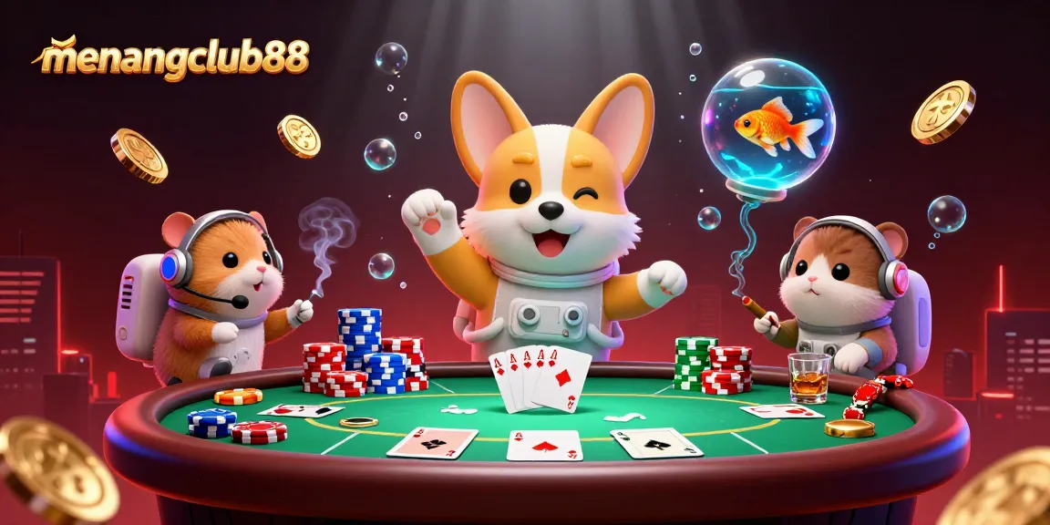 Experience excitement at menangclub88 with astronauts, poker chips, and vibrant casino elements