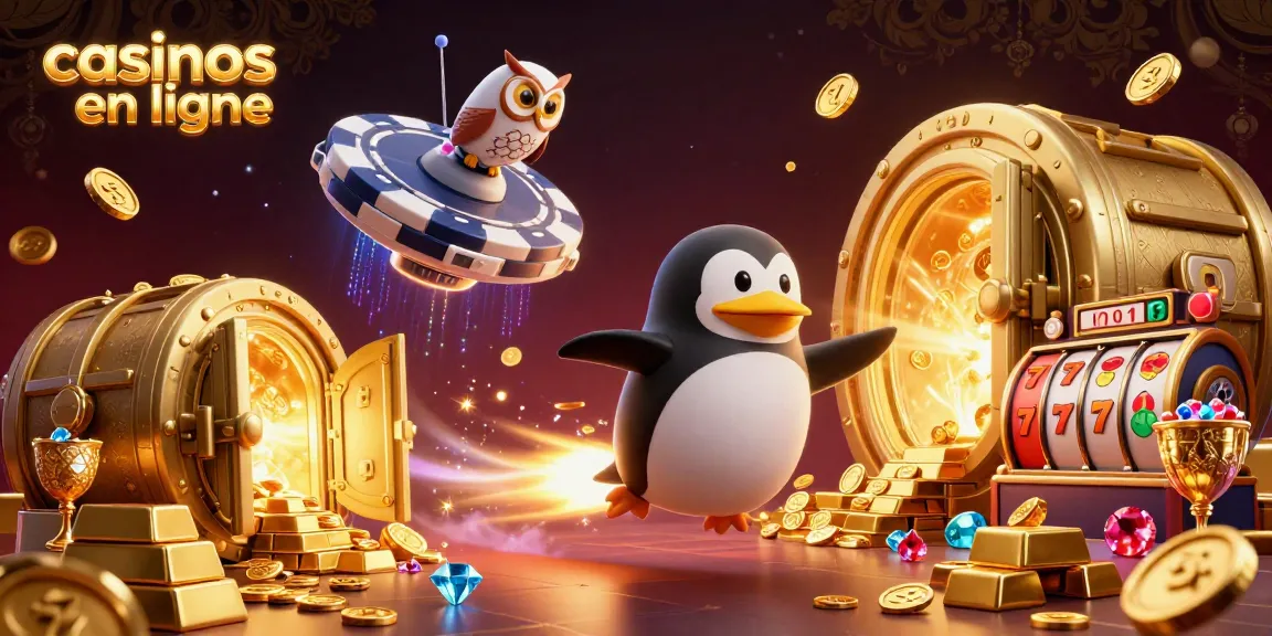 Le pingouin doré propulsé par fusée admire les casinos en ligne, entouré de trésors.