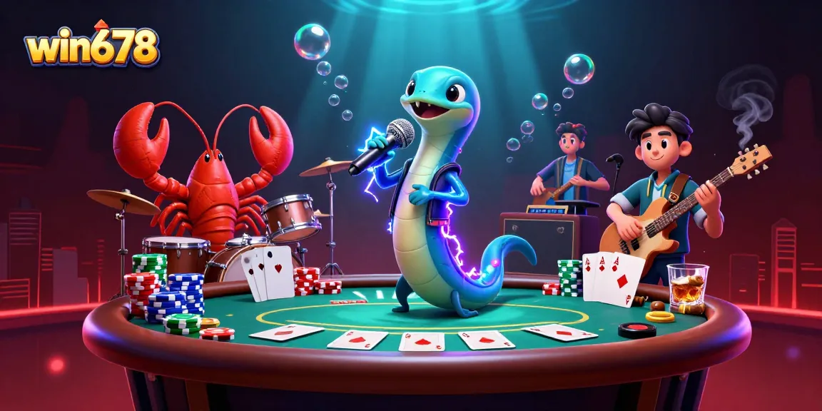 Win678 showcases a dynamic underwater casino scene with an electric eel DJ and vibrant gambling elements.