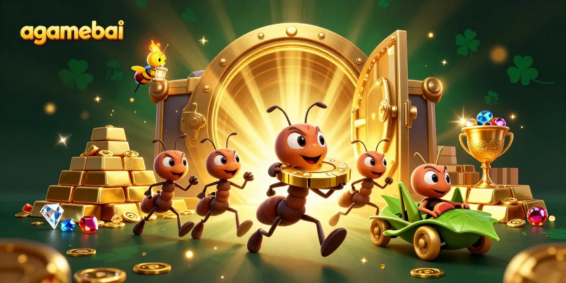 agamebai casino heist scene with ants, poker chip, and glowing treasures
