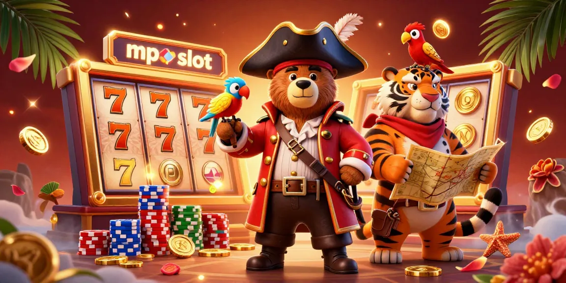 Play exciting mpo slot games with a pirate captain bear and his tiger first mate in this vibrant scene.