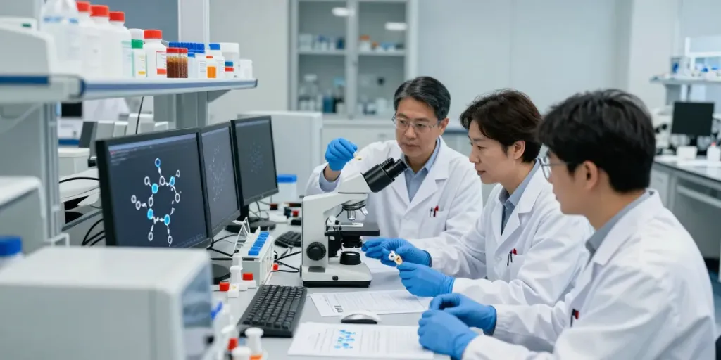 Researchers collaborating in a cutting-edge lab environment, representing most trusted peptide vendors.