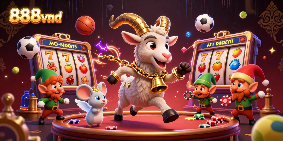 Experience exciting slots and casino thrills with 888vnd in a lively 3D illustration of a chaotic casino scene.