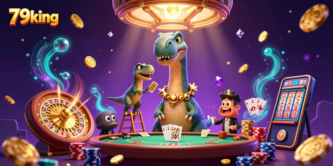 Experience big wins at 79king with playful dinosaurs dealing cards in a lively casino scene.