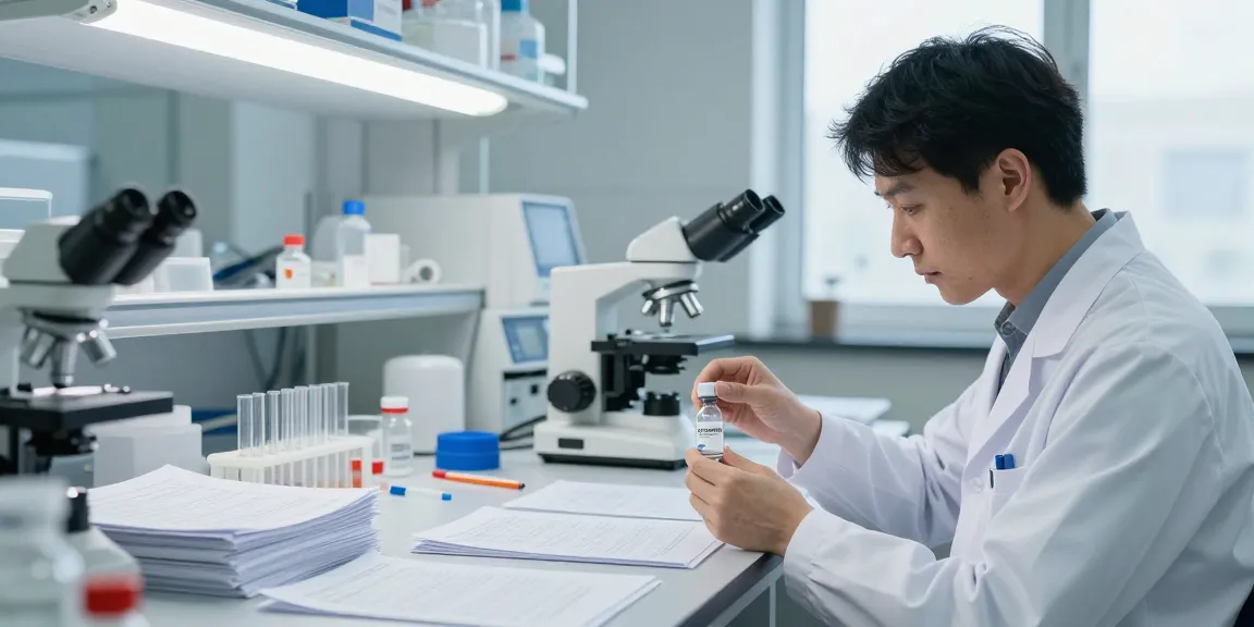 Researcher analyzing semaglutide research peptide in a professional laboratory setting.